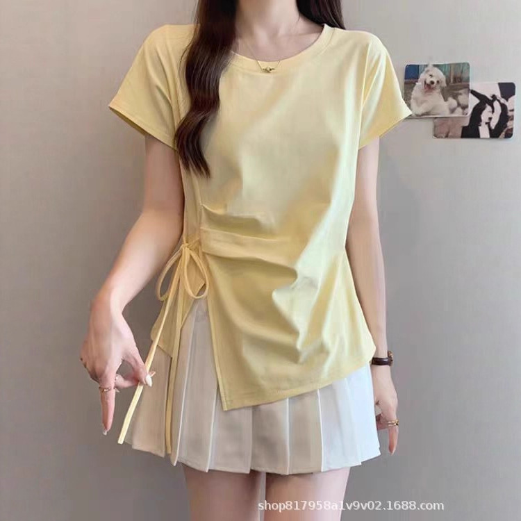 ミルクイエローの右肩半袖Tシャツ女性用2025夏大きいサイズファットmmウエスト不規則な巨大痩身パーソナライズトップ|undefined