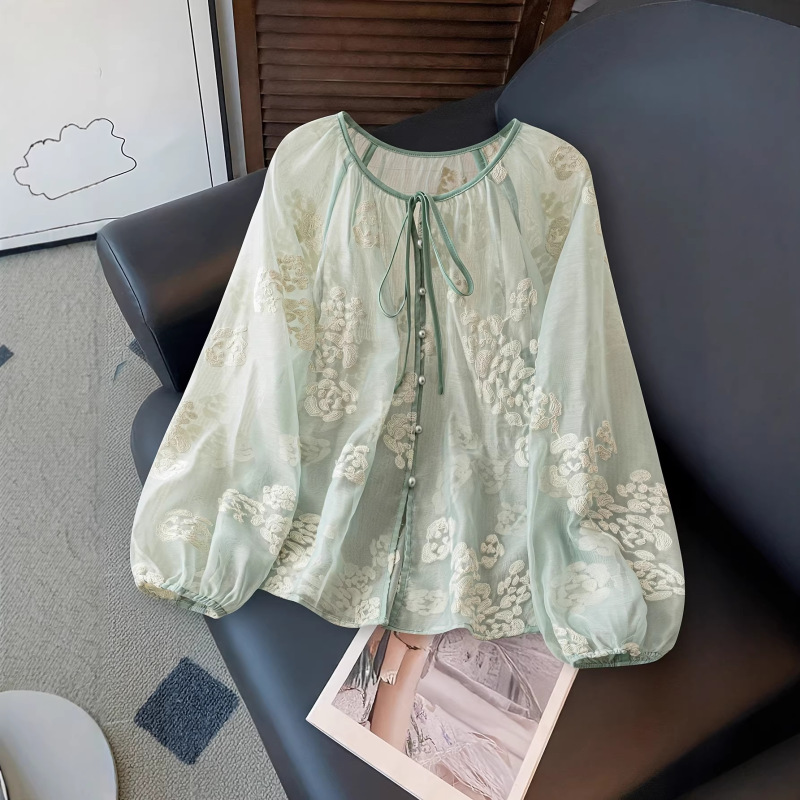 2026 Cross-Border European and American Amazon Independent Site Women's Knotted Collar Floral Jacquard Mesh Lantern Sleeve Shirt