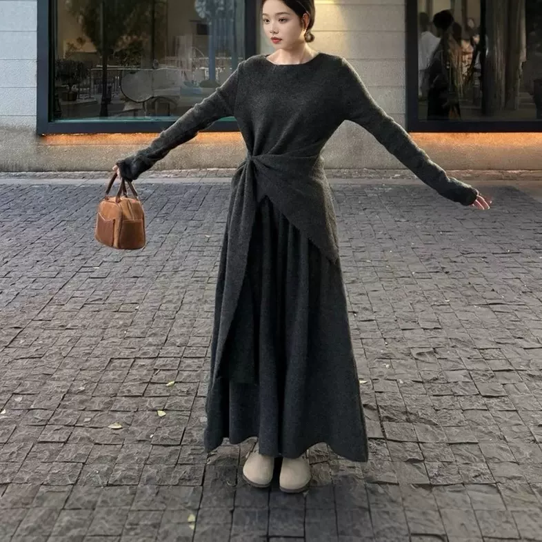 韩系气质辣妹不规则针织套装女2025秋冬新款毛衣垂感长裤两件套装