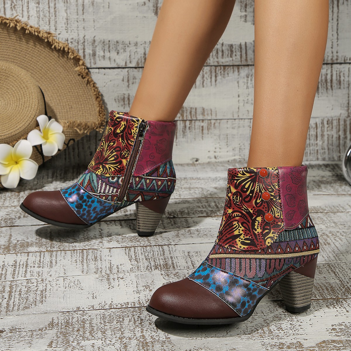 复古跨境2025年新款秋冬季经典时尚手工拼接提花工艺时尚短女靴