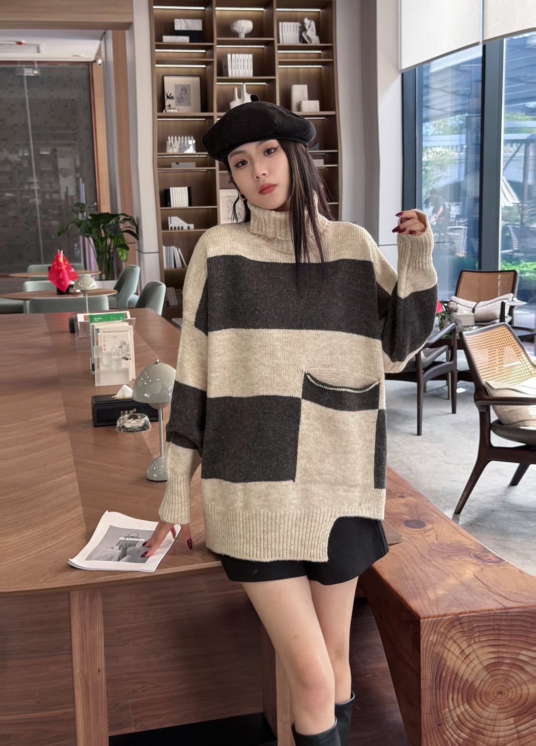 24 invierno Puyuan collar fz otoño invierno suéter de tamaño grande para mujeres 2024 nuevo estilo rayado