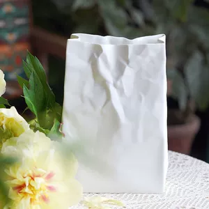 Modern Simple Luxury White Ceramic Folding Paper Bag Vase for Home Decoration