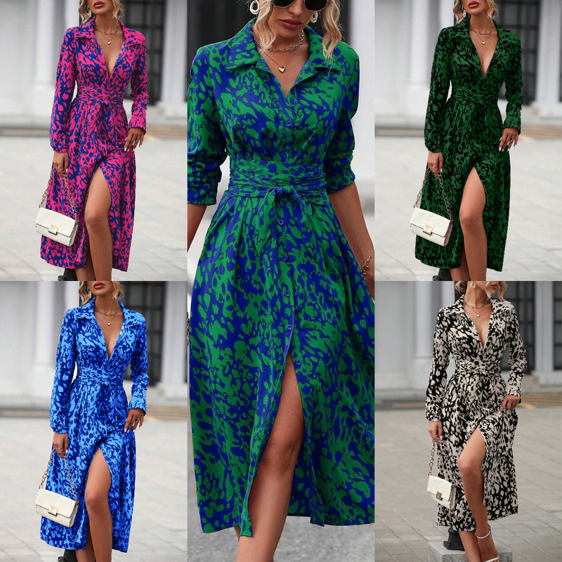 in stock 2025 new spring and autumn foreign trade cross-border European and American printing elegant shirt long sleeve dress