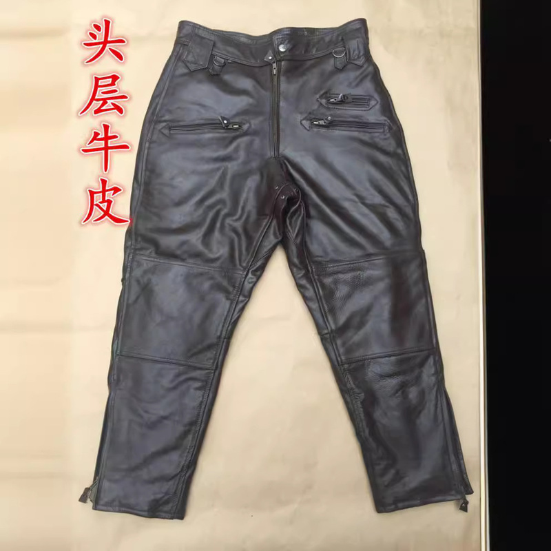 Motorcycle Motorcycle Genuine Leather Pants Cowhide Men's Middle-aged and Elderly Autumn and Winter Thickened Warm Loose Breeches