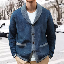 外贸男装休闲提花针织衫外套  秋冬款立体贴袋开衫翻领毛衣SY0048