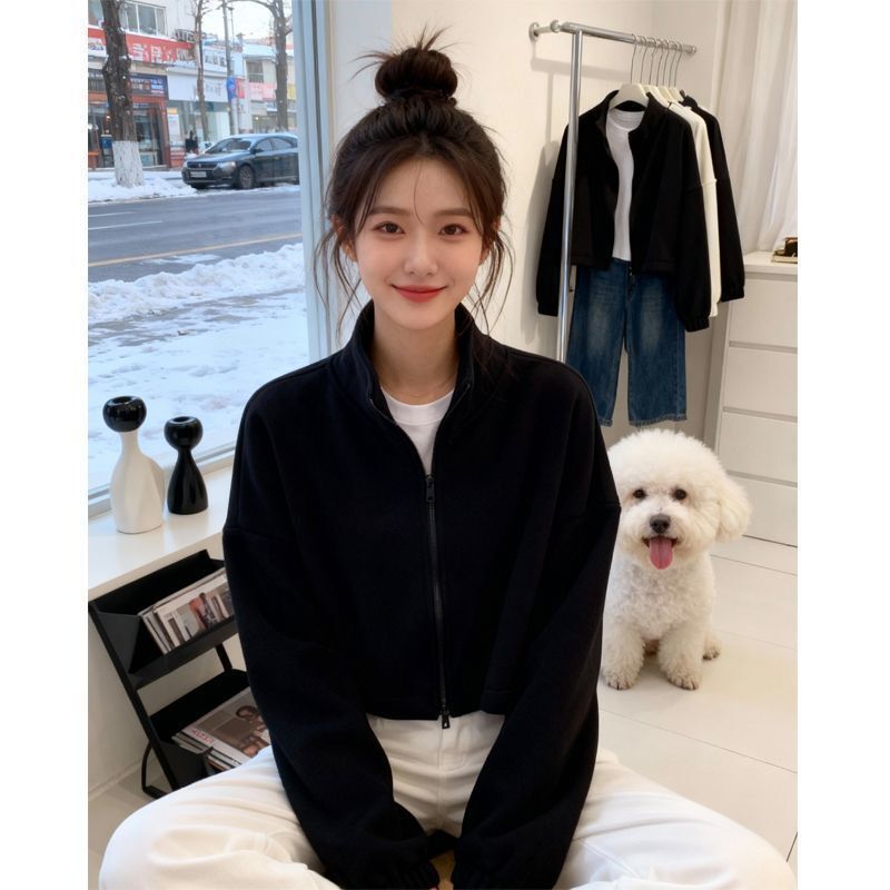 Thickened Warm Fleece Sweatshirt Jacket for Women, Simple Korean Style Stand-Up Collar Zipper Cardigan, Autumn and Winter Fleece Short Top