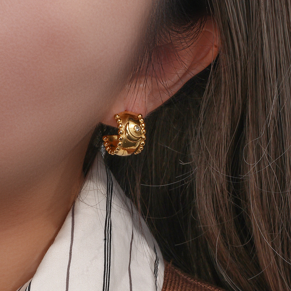 Fashion Geometric Retro 18K Gold Moon Zircon Thick Stainless Steel Earrings