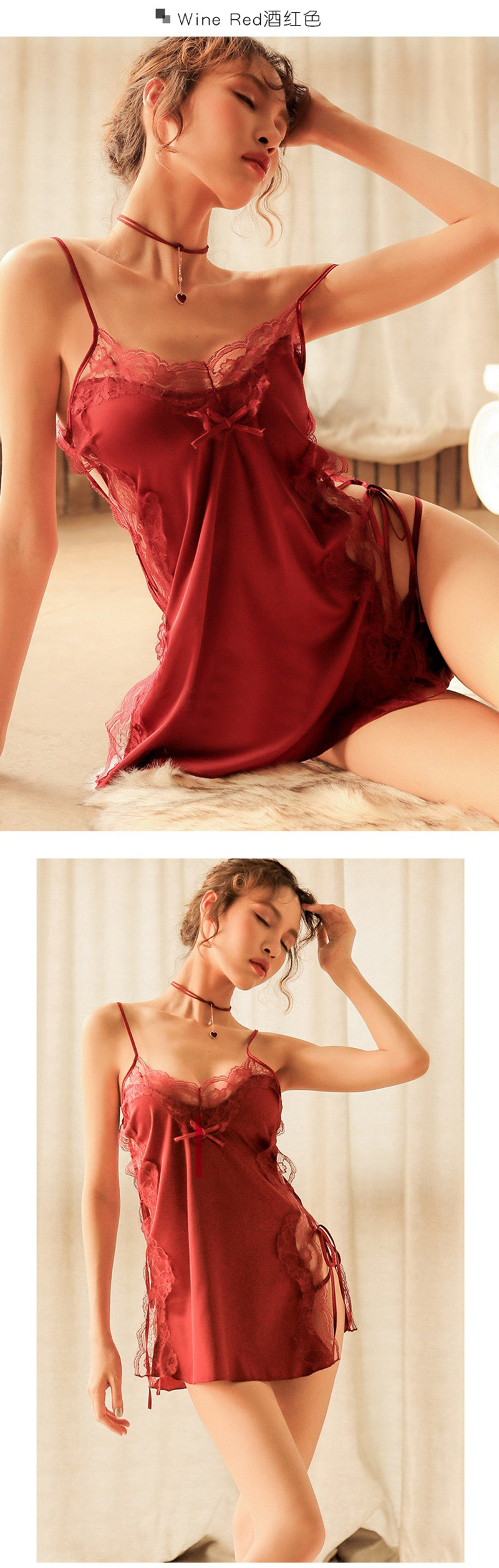 Imitation Silk Slit Babydoll Nightgown with Shoulder Straps, Backless Plus-Size Blue Set — detail image 15