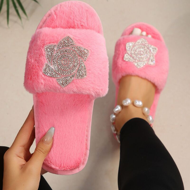 Autumn and Winter New Popular Barbie Pink Bright Diamond Rose One-Word Cotton Slippers Fashionable European and American Cross-Border Foreign Trade Large Size Autumn and Winter New Popular Barbie Pink Bright Diamond Rose One-Word Cotton Slippers Fashionable European and American Cross-Border Foreign Trade Large Size