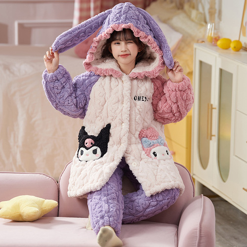 Children's Winter Coral Fleece Triple Layer Padded Thermal Set Baby Girl Sleepwear Home Suit