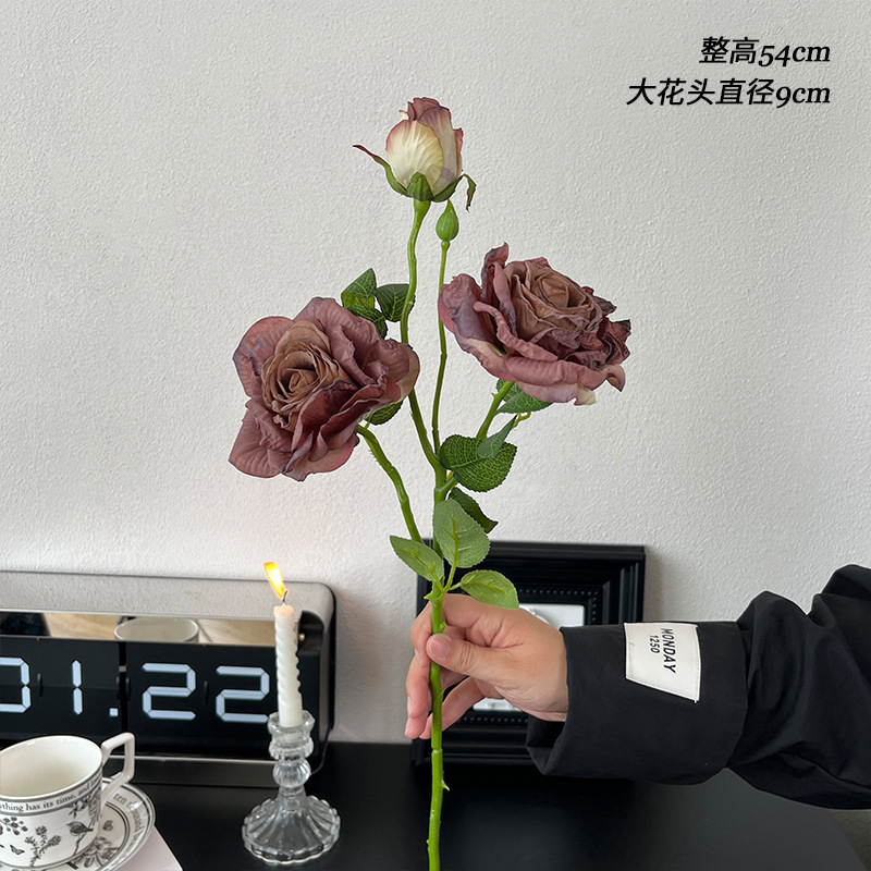 2花1蕊干枯烤边玫瑰花复古秋色仿真花假花装饰花摆件DIY花材外贸|undefined