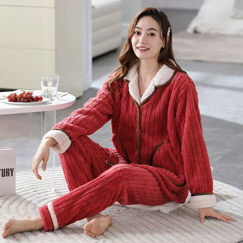 睡衣女秋冬2025年新款珊瑚绒加厚加绒法兰绒冬季天家居服套装外穿