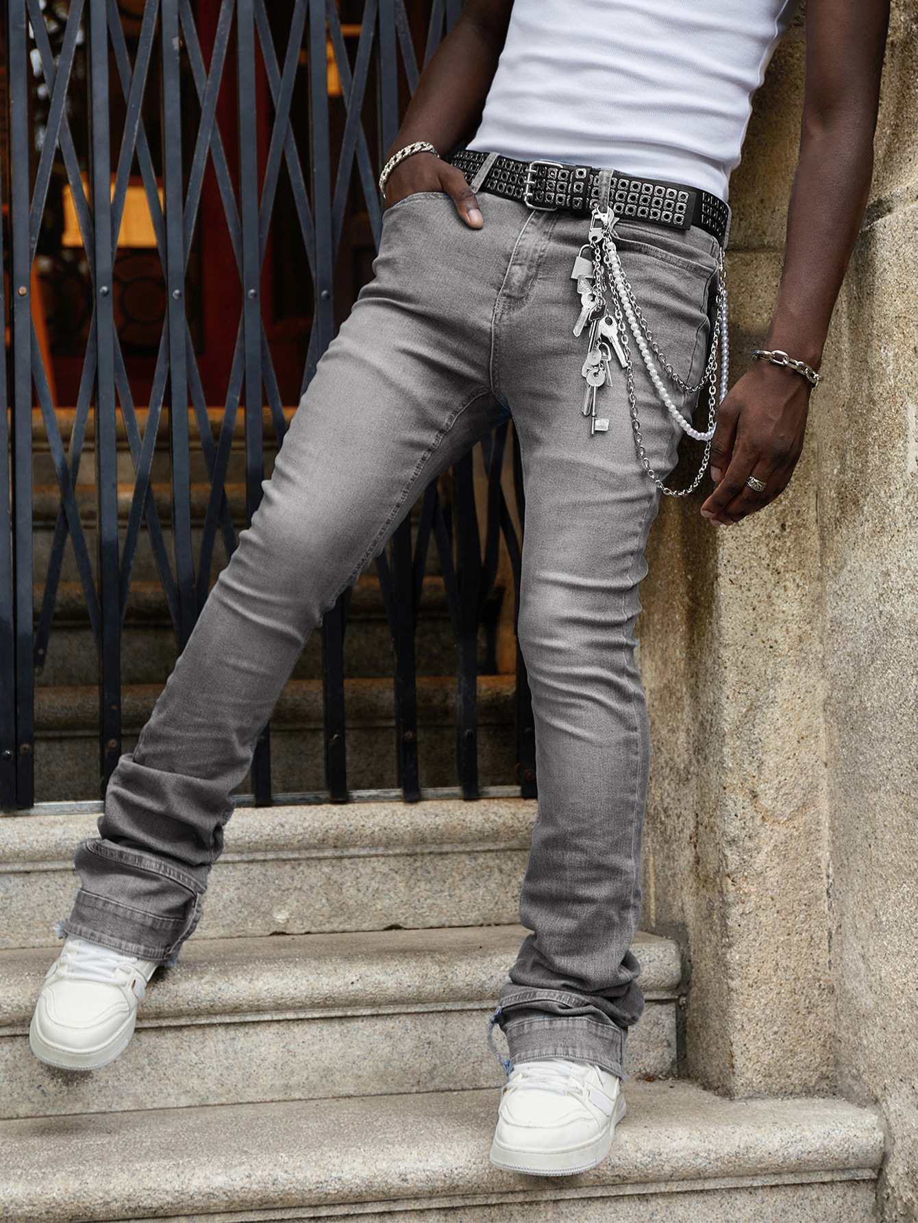 Men's Straight Leg Jeans Midweight Stretch Patch Denim Mid Waist Long Trousers Street Style Instagram Popular_mkmklike.com