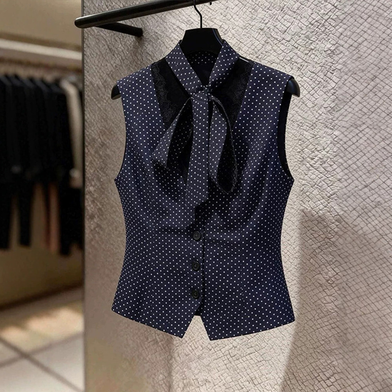 Trendy Ribbon Design Mesh Patchwork Slimming Top 2026 Summer Light Luxury Sleeveless Vest Waist-Cinching Thin Vest