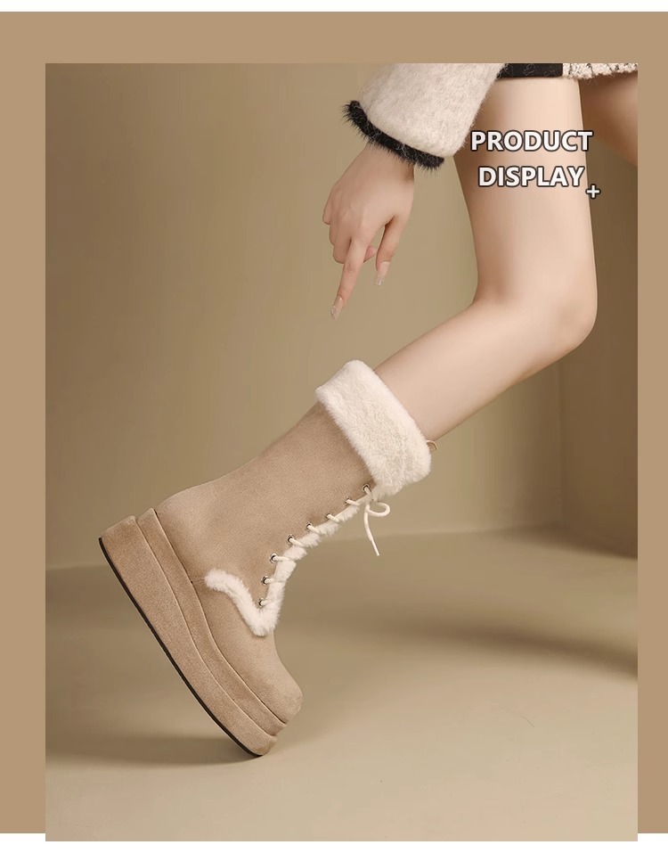 2024 nouvelles bottes de neige à semelles épaisses en fourrure mi-tube hiver fourrure intégrée en peluche épaisse chaussures en coton rehaussant la hauteur_voghion.com