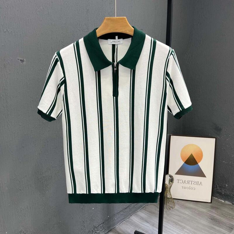 ヨーロッパの高級半袖ストライプコントラストカラーTシャツメンズ夏のファッションスリムニットセーターラペルハンサムトップ1/2枚|undefined