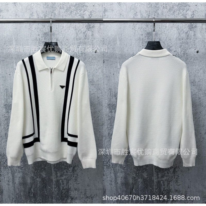 Factory direct supply: Pujialand college-style long-sleeve half-zip striped knitwear, unisex, cross-border fashion