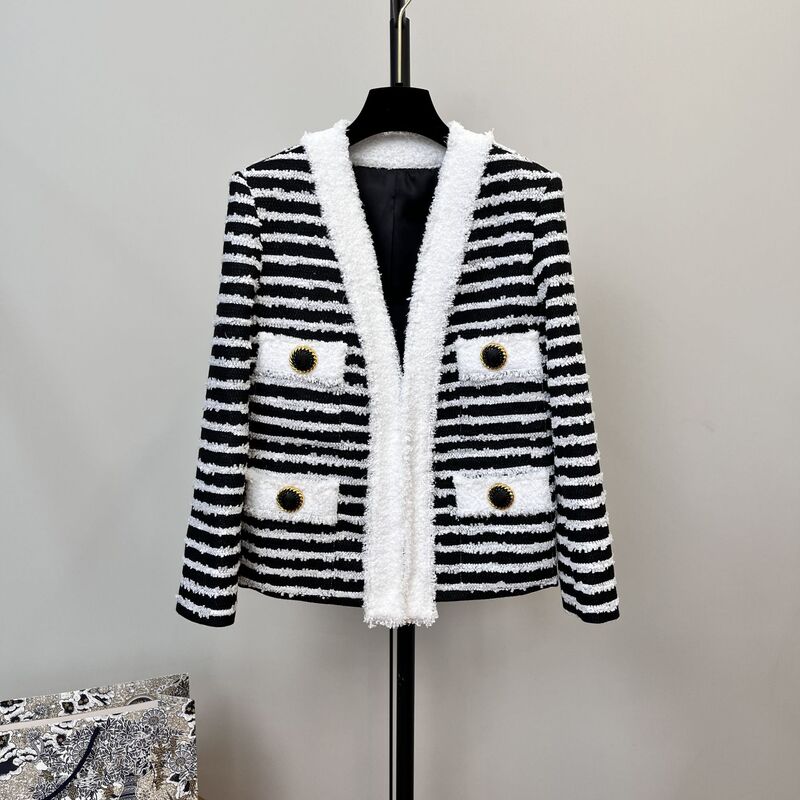 Early Autumn New high quality Socialite Striped Woven Tweed Coat Women's Chanel V-neck Contrast Color Knitted Cardigan Early Autumn New high quality Socialite Striped Woven Tweed Coat Women's Chanel V-neck Contrast Color Knitted Cardigan
