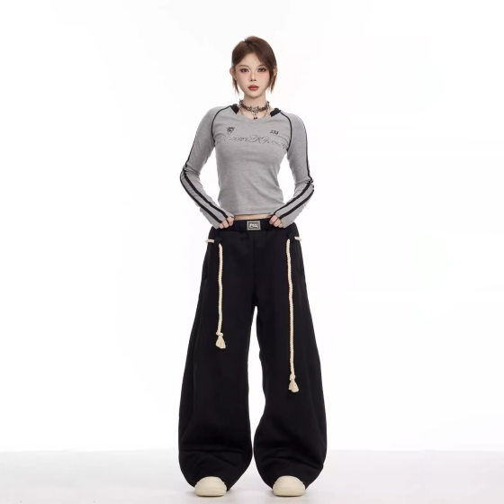 2024 Spring and Autumn New American Style Retro Sports Pants Women's Loose Wide Leg Machete Pants Casual Sweatpants Straight Pants