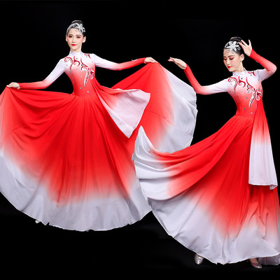 Flamenco dance dresses red gradient Chinese folk dance costumes modern dance dresses chorus performance in the opening dance red long gown for female