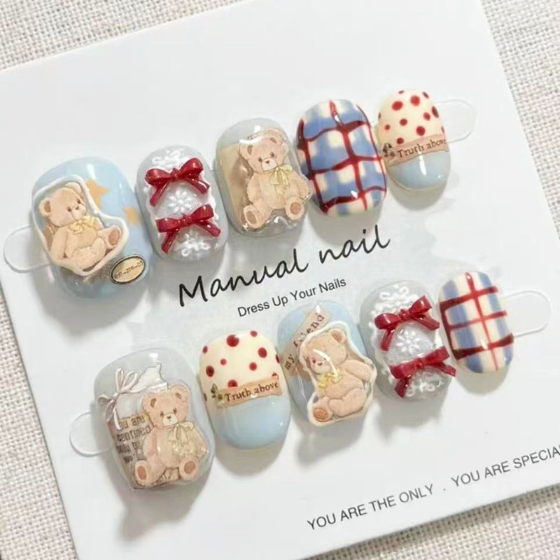 Cute Bear Plaid Dot Nails Sweet Girl Style Nail Art with Bow Korean Style Girly Nail Stickers Ins Playful Design Cute Bear Plaid Dot Nails Sweet Girl Style Nail Art with Bow Korean Style Girly Nail Stickers Ins Playful Design