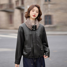 加绒皮衣外套女短款秋冬新款时尚小个子绵羊皮皮夹克仿羊羔毛翻领