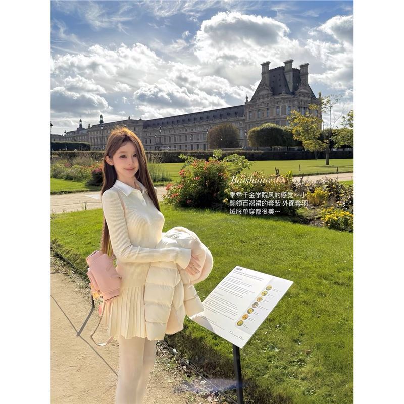 套装女2025秋冬新款韩系学院风修身短款假两件针织上衣高腰半身裙|undefined