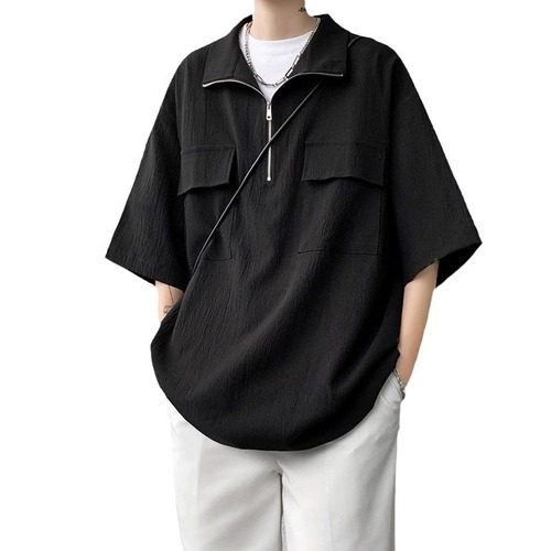 White High-End Half-Zip Short-Sleeve Men's Japanese Retro Pocket Design Polo Shirt T-Shirt Seven-Sleeve Top