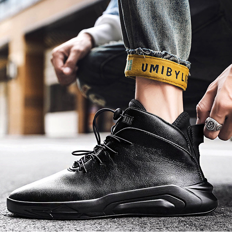 Men's Shoes Autumn and Winter High-Top British Style Boots Versatile Casual Black Mid-Top Men's Leather Shoes Fleece-Lined Warm Cotton Shoes