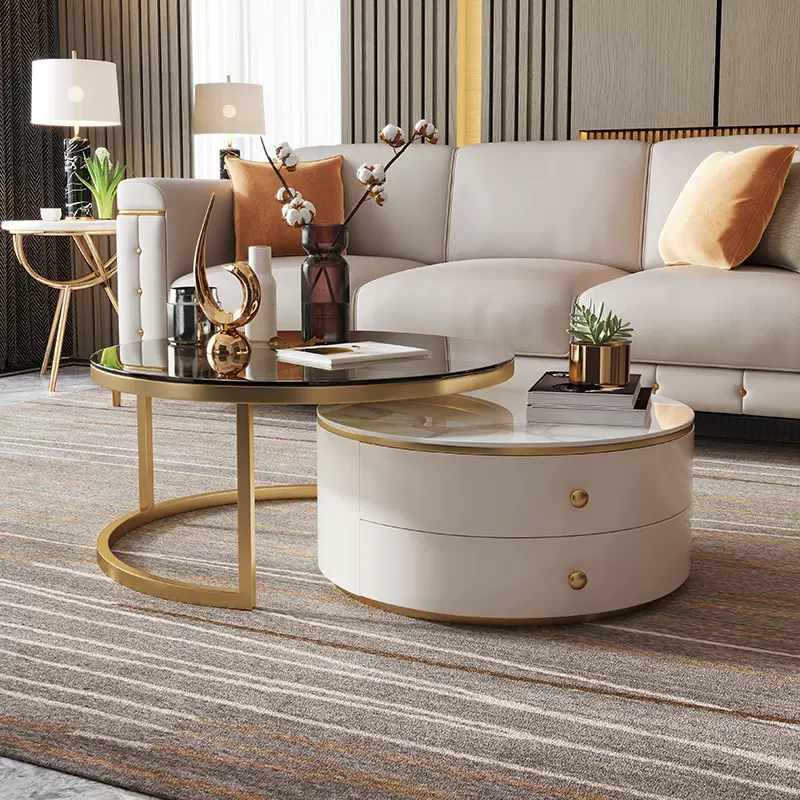 现货轻奢现代岩板茶几电视柜 北欧小户型大小圆高低双层抽屉茶几