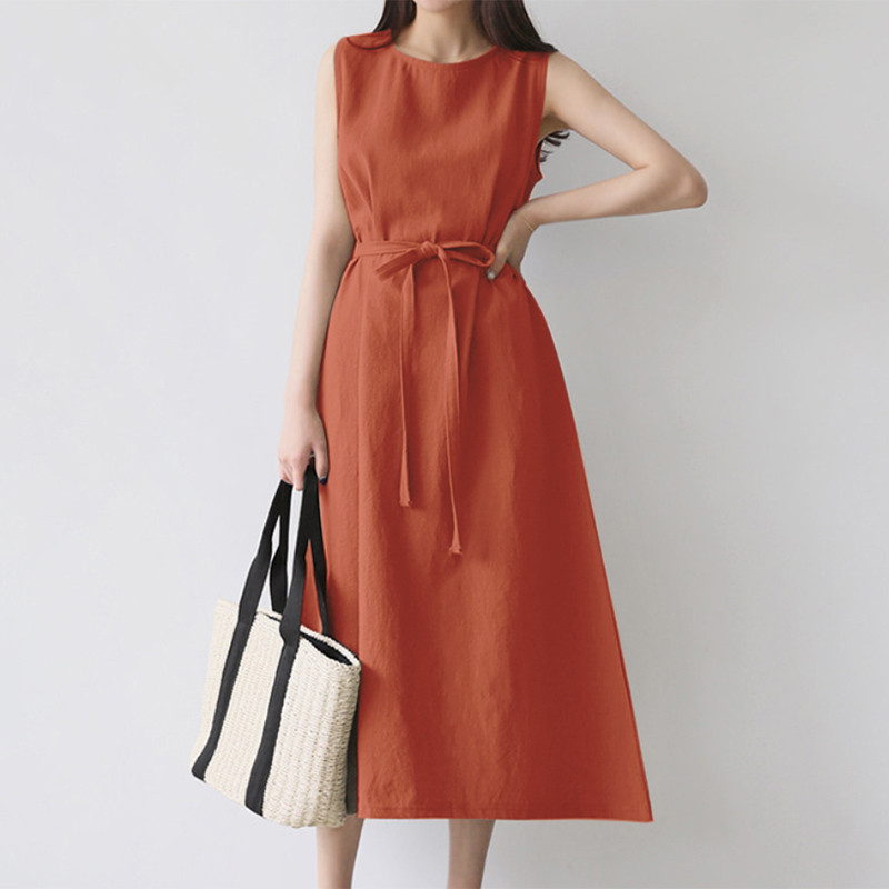 European And American Cross-border Women's Fashion Loose Bohemian Sleeveless Round-neck Solid Color Cotton-linen Long_ecoleips.com