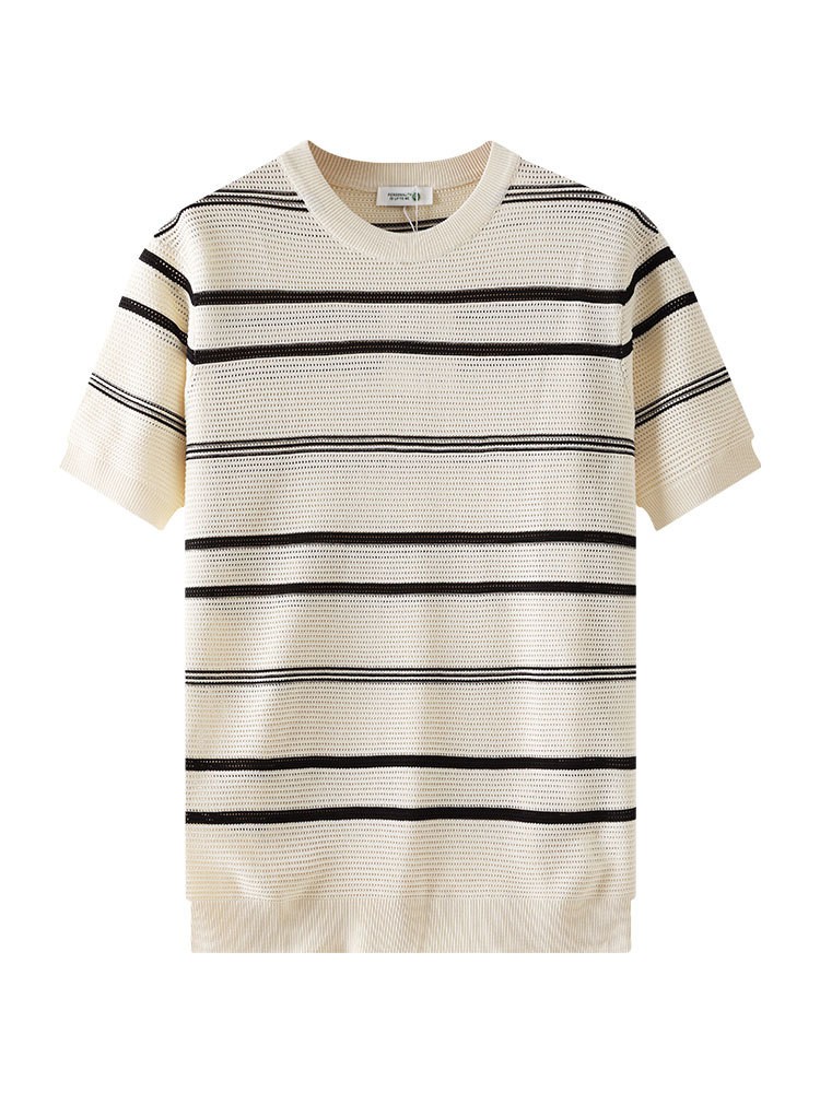 Verano hombre de alta sensación nueva camiseta de punto de seda de hielo de manga corta hombre de moda pesada camiseta de cuello redondo casual ropa de hombre