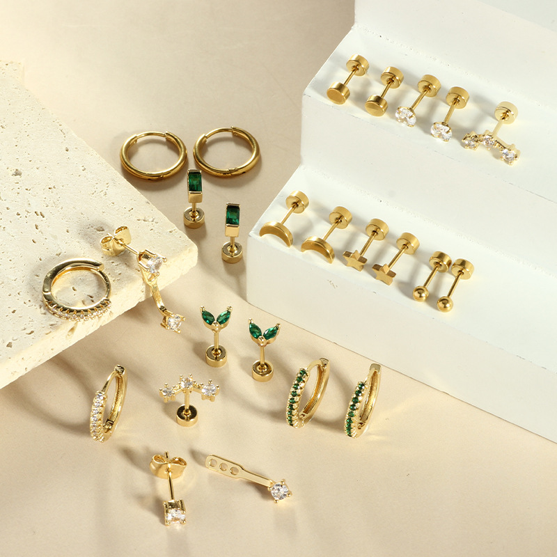 European American Style Moon Star Earring Set Real Gold Plated Zircon Stainless Steel Earrings for Women detail image 7