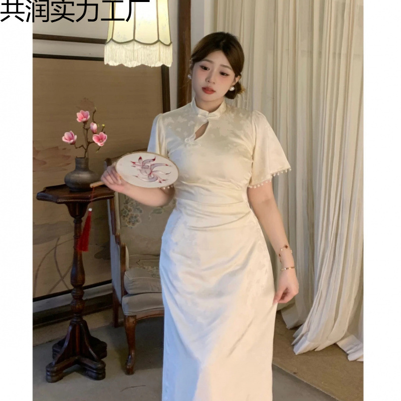 新中式国风连衣裙夏季新款气质优雅收腰显瘦杏色短袖旗袍裙子大码|undefined