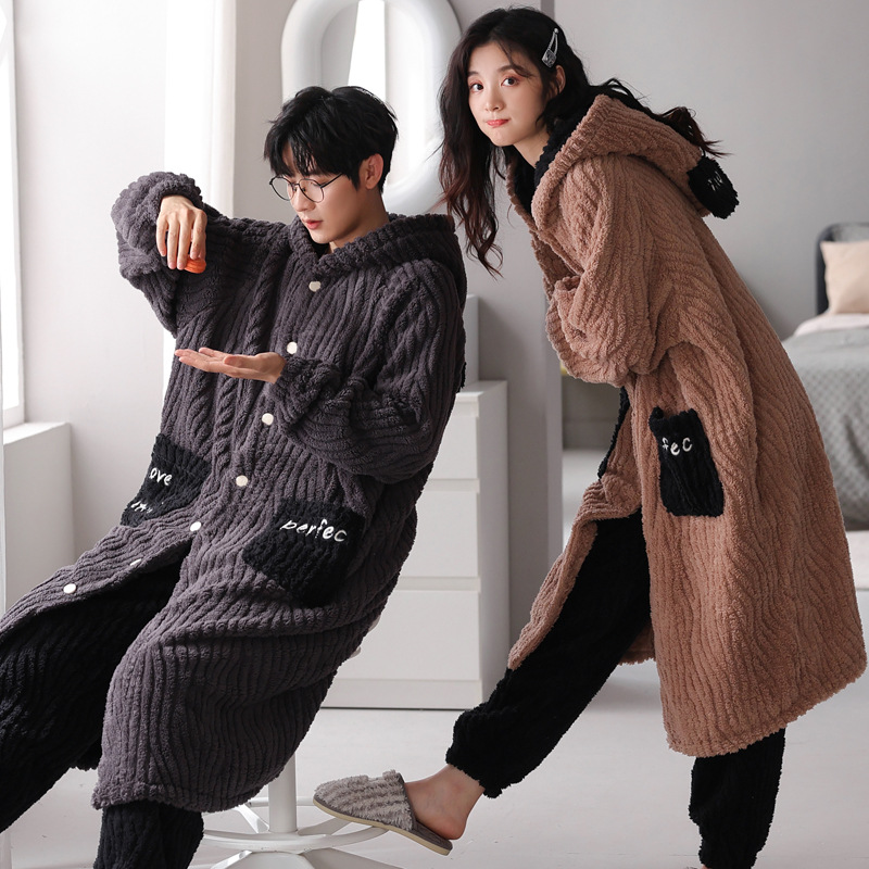 カップル用パジャマ 冬用 コーラルフリース 厚手 秋冬用 男女兼用 裏起毛セット 冬用ナイトガウン ホームウェア