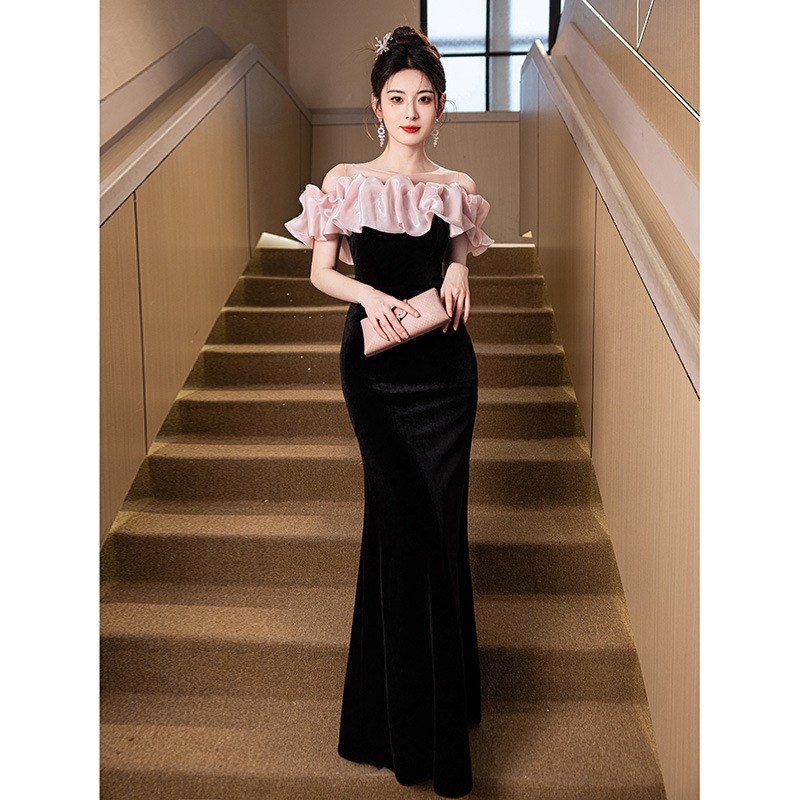 One-Shoulder Evening Dress 2026 New Black Sexy Fishtail Dress Light Luxury Niche Host Evening Dress
