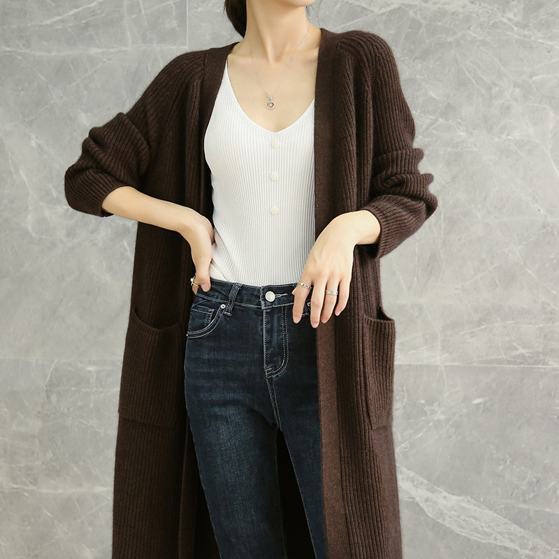 Honghe Knitting Factory Long Knitted Cardigan for Women V-Neck Loose Fit Over-The-Knee Sweater Coat with Pockets Honghe Knitting Factory Long Knitted Cardigan for Women V-Neck Loose Fit Over-The-Knee Sweater Coat with Pockets