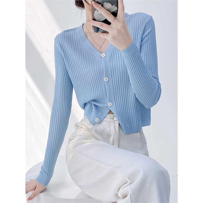 Ice Silk Cardigan Women's Summer Short Long-Sleeved Thin Outer Matching Skirt Shawl Top Air-Conditioned Sweater Knitwear Jacket