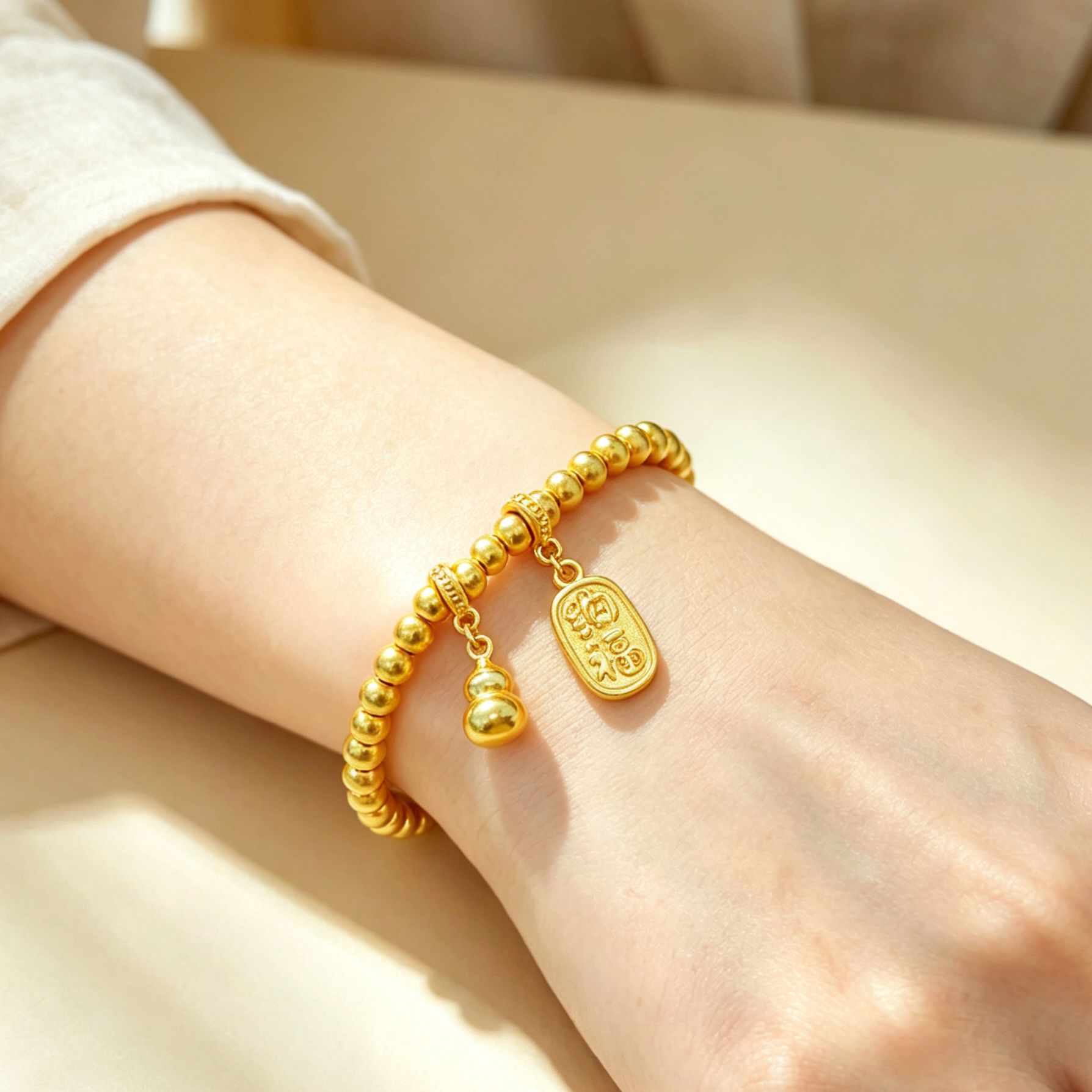 New traditional gold fortune beads bracelet with gourd design, same style as in gold stores, offering a light luxury and high-end feel