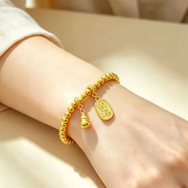 New traditional gold fortune beads bracelet with gourd design, same style as in gold stores, offering a light luxury and high-end feel