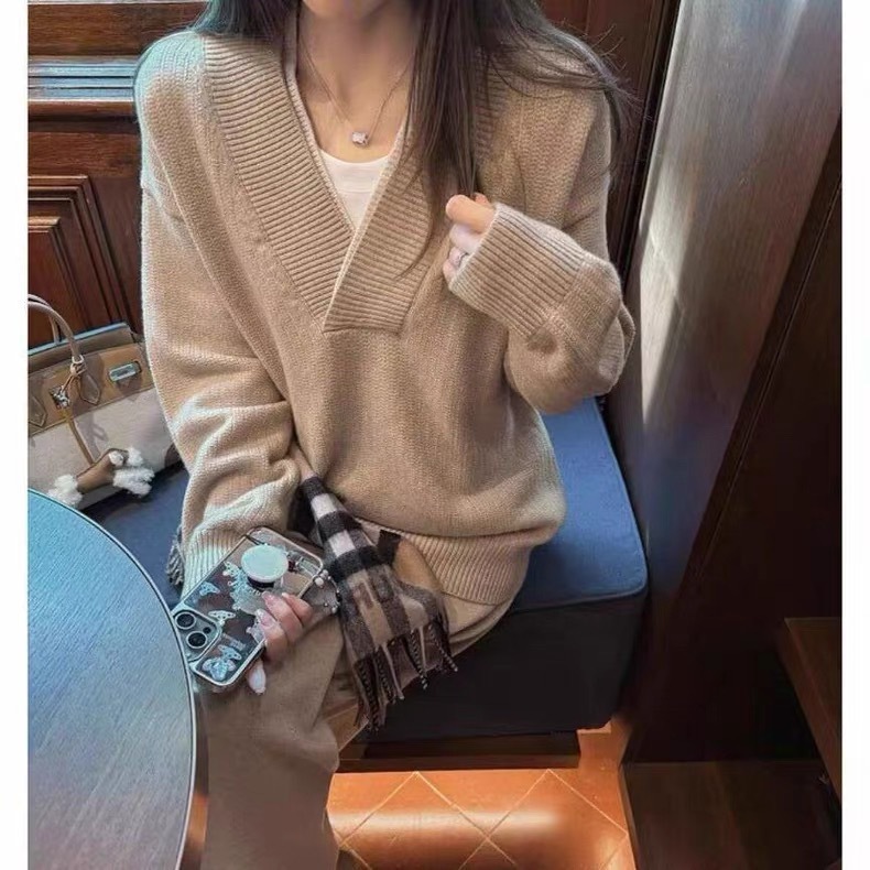 外贸慵懒风v领针织套装女秋冬显瘦气质剪刀领毛衣＋阔腿裤两件套|undefined