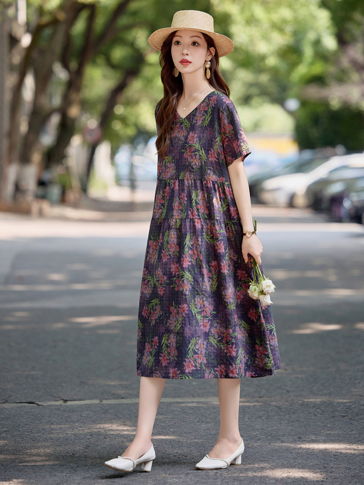 Đầm maxi nữ cotton linen in họa tiết thắt eo 2025 — Màu ảnh 03, Màu ảnh 04, Màu ảnh 01, Màu ảnh 02
