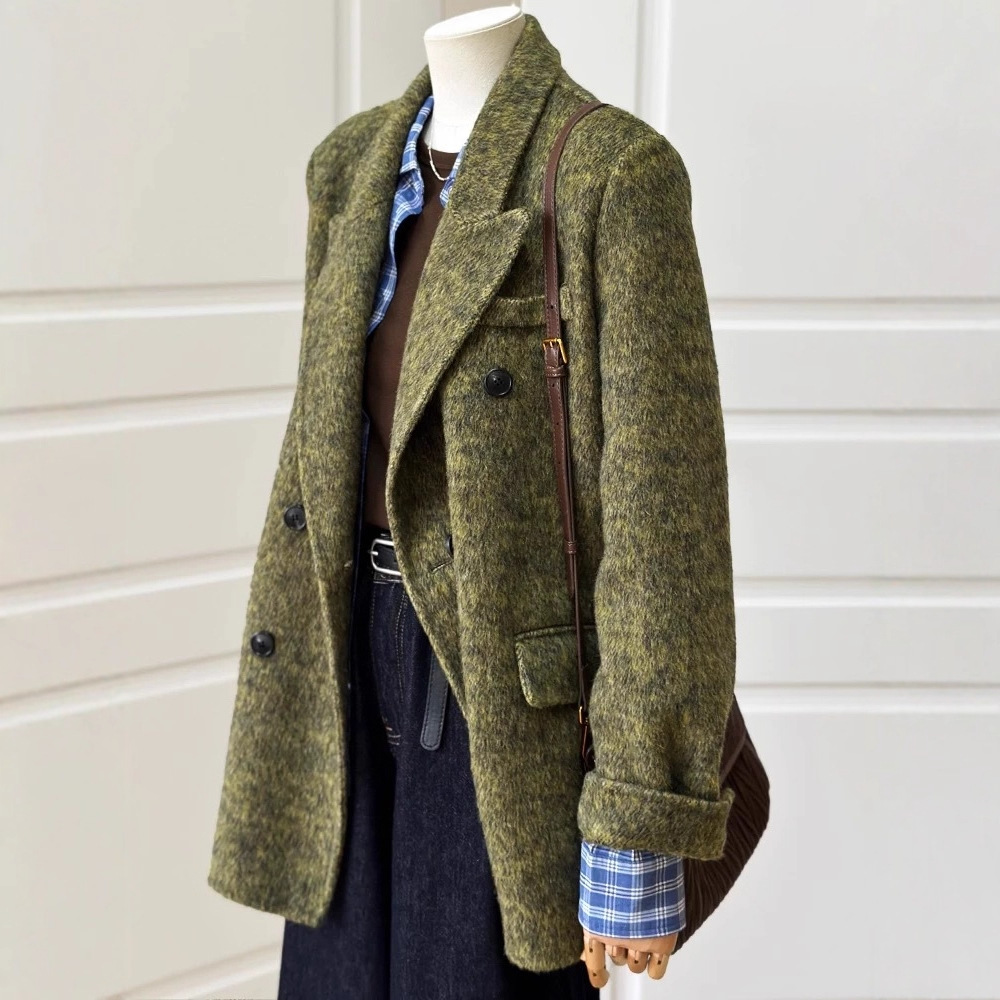 Oil Painting Green Right Shoulder Double-Sided Cashmere Coat High-End Suit Small Wool Coat Woolen Jacket Short Style