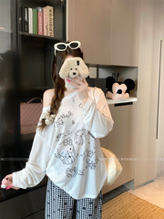 韓国白キティプリント斜め肩長袖 Tシャツ女性の夏の怠惰なスタイルルーズ薄い日焼け止めブラウストップ