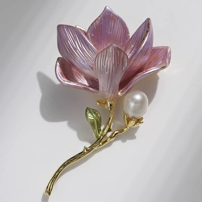 Xiliang Feizi Genuine New Fashion Elegant Brooch Chinese Style Elegant Magnolia Brooch Enamel Pearl Corsage (Yaxa sancaqları) - x5057-1-200-freshwater-pearl-pink-magnolia