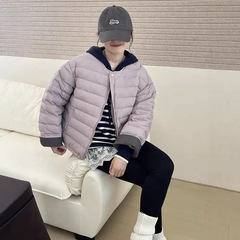 韩版排骨羽绒服女2025冬季新款圆领小个子白鸭绒撞色休闲短款外套