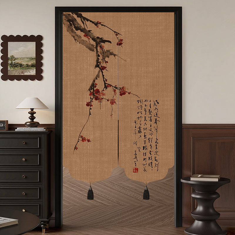 New Chinese-Style Cotton and Linen Door Curtain for Bedroom, Home Kitchen Partition Curtain, Bathroom Privacy Blocking, No-Drill Irregular Door Curtain