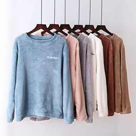 珊瑚绒女冬装男情侣加绒保暖法兰绒家居服睡衣上衣单件加厚保暖