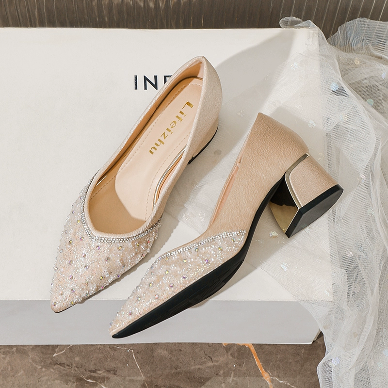 Французские туфли на высоком каблуке с толстыми каблуками с заостренными наконечными осенними одиночными туфлями женщины 2025 новая модель большой размер женской обуви 41-43