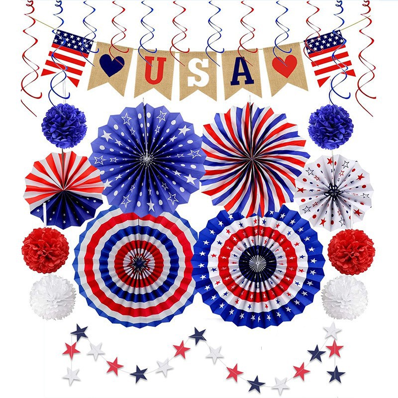 Cross-Border American Independence Day Party Paper Fan Set Usa Banner Red Blue White Flower Ball Star Paper String Holiday Decoration
